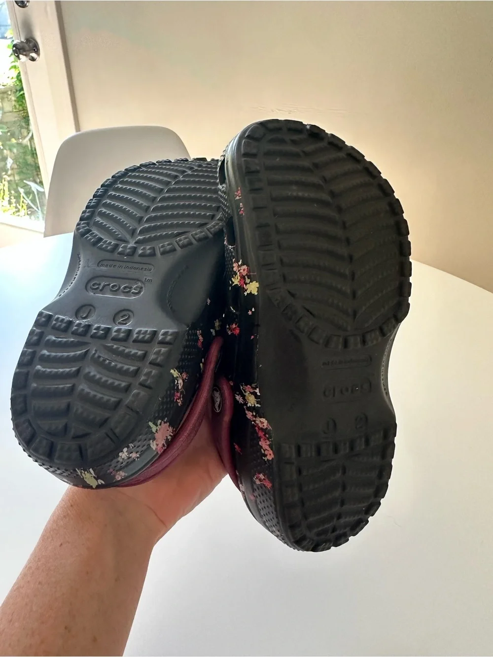 CROCS Kids Black Floral Clogs with Burgundy Heel Strap